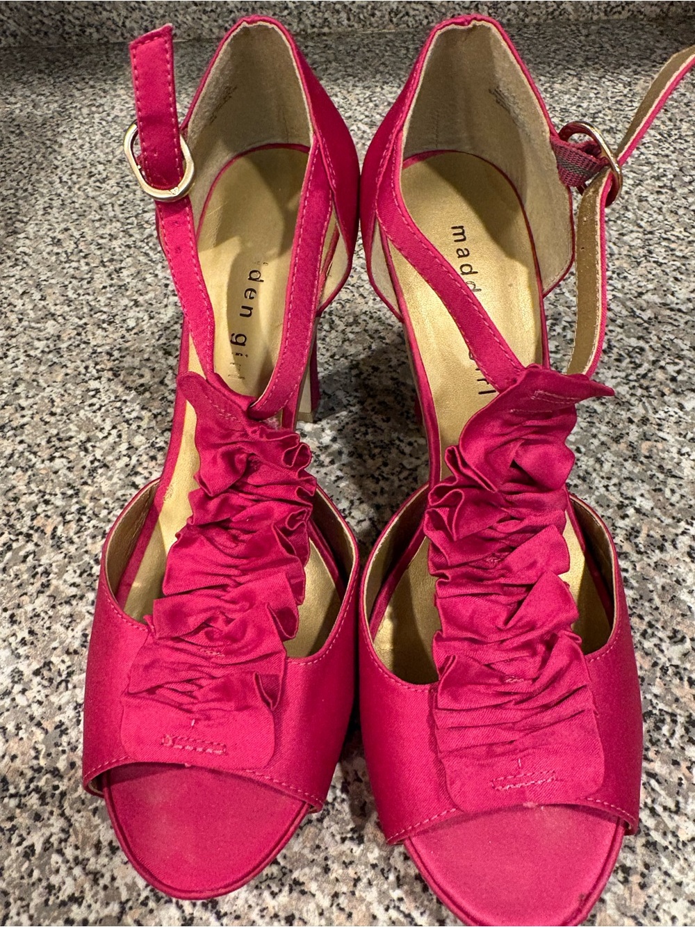 Madden Girl Fuchsia Satin Ruffle T-Strap Heels